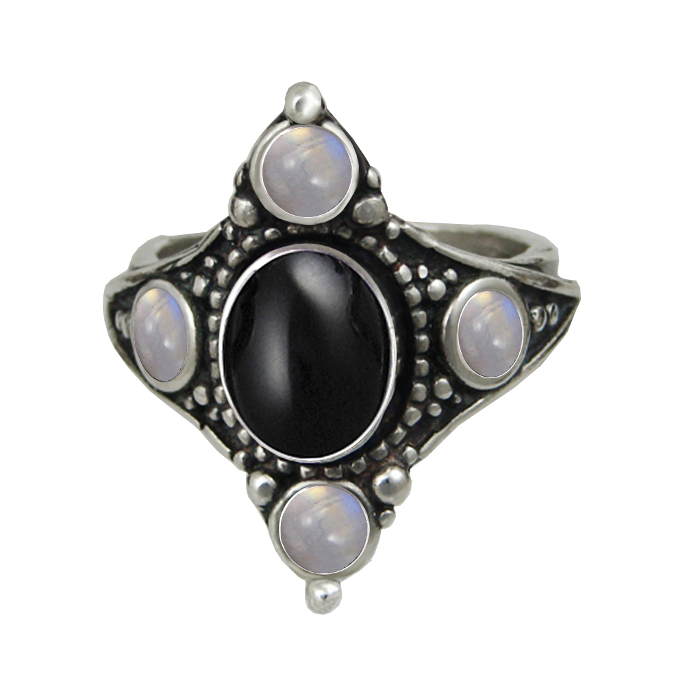 Sterling Silver Renaissance Queen's Ring With Black Onyx And Rainbow Moonstone Size 10